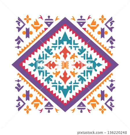 Colorful ethnic ornament with diamond shape and stylized floral elements Colorful ethnic ornament with diamond shape and stylized floral elements 136220248