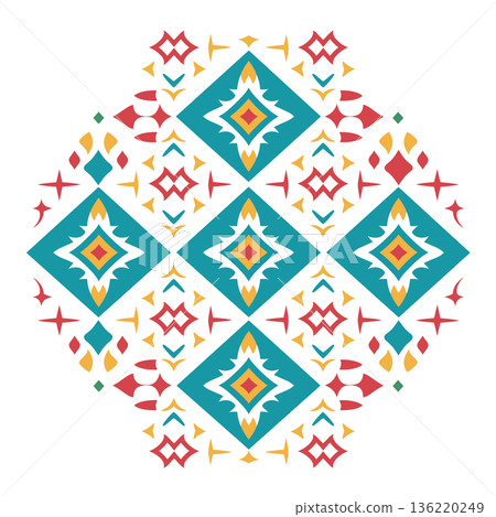Geometric turquoise and red patterned shape design on white background Geometric turquoise and red patterned shape design on white background 136220249