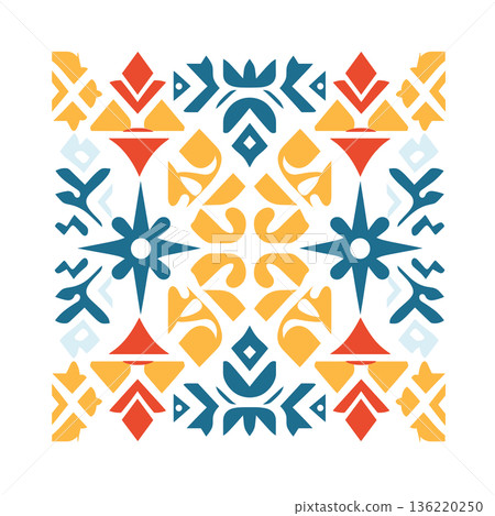 Square symmetrical pattern with red, yellow, and blue geometric shapes 136220250