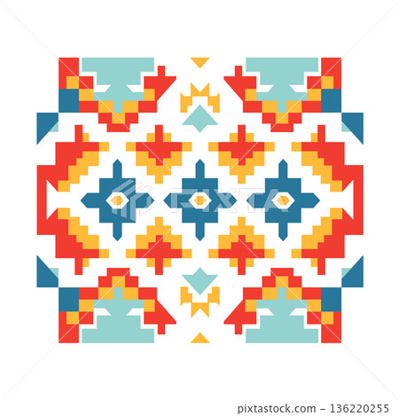 Colorful aztec geometric pattern with blue, red, and yellow shapes Colorful aztec geometric pattern with blue, red, and yellow shapes 136220255