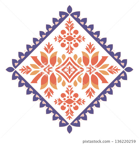 Ornamental geometric design in orange and blue on a white background Ornamental geometric design in orange and blue on a white background 136220259