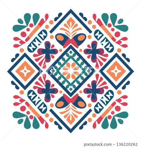 Colorful floral pattern with geometric shapes on white background Colorful floral pattern with geometric shapes on white background 136220262
