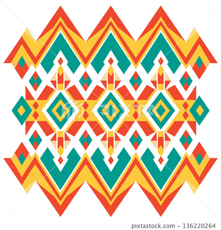 Colorful tribal pattern featuring zigzags, diamonds, and symmetrical shapes Colorful tribal pattern featuring zigzags, diamonds, and symmetrical shapes 136220264