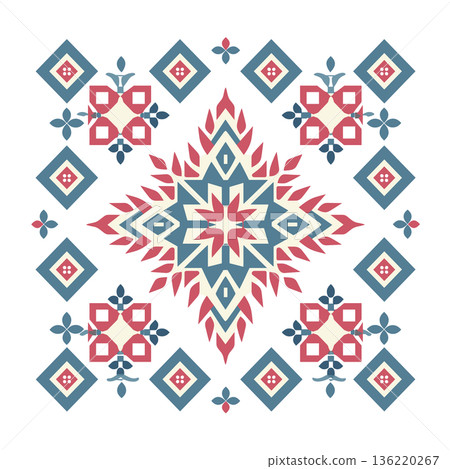 Geometric square pattern in blue, red, and beige on white background Geometric square pattern in blue, red, and beige on white background 136220267