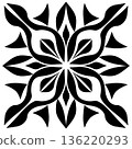 Black and white floral pattern creates a symmetrical abstract design 136220293