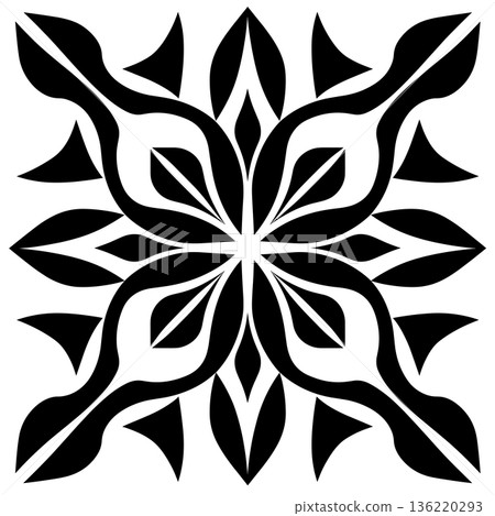 Black and white floral pattern creates a symmetrical abstract design Black and white floral pattern creates a symmetrical abstract design 136220293