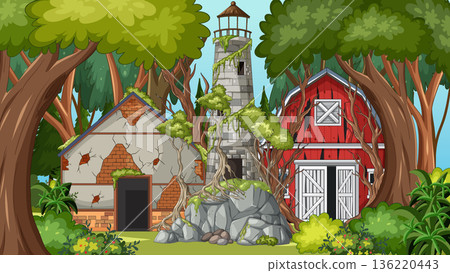 Abandoned Farmhouse and Lighthouse Hidden in Forest Clearing Abandoned Farmhouse and Lighthouse Hidden in Forest Clearing 136220443