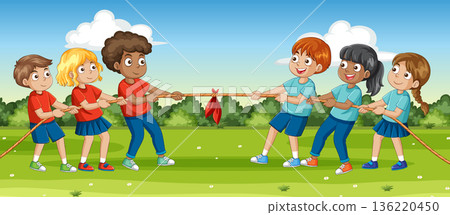 Diverse Group of Children Playing Tug of War in a Park Diverse Group of Children Playing Tug of War in a Park 136220450