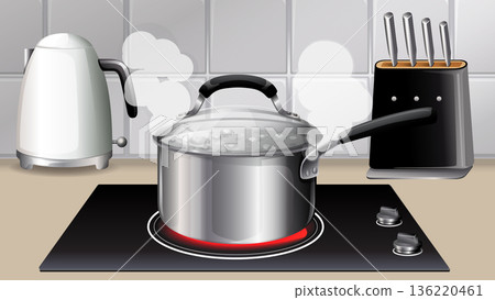 Boiling Water in Stainless Steel Pot on Electric Hotplate 136220461