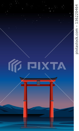 Traditional Japanese Red Torii Gate in Water Under Starry Night Sky 136220464