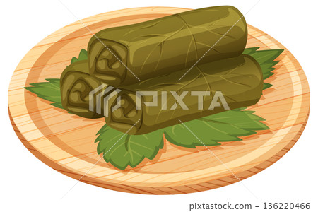 Stuffed Grape Leaves on Wooden Plate Vector Illustration Stuffed Grape Leaves on Wooden Plate Vector Illustration 136220466