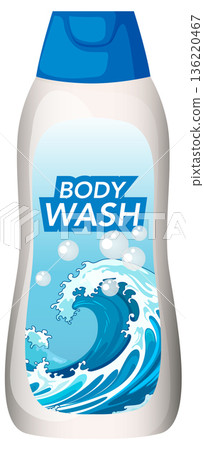 Body Wash Bottle with Wave and Bubbles Illustration Body Wash Bottle with Wave and Bubbles Illustration 136220467