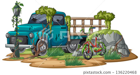 Abandoned Truck and Bicycle Overgrown with Vegetation Abandoned Truck and Bicycle Overgrown with Vegetation 136220468