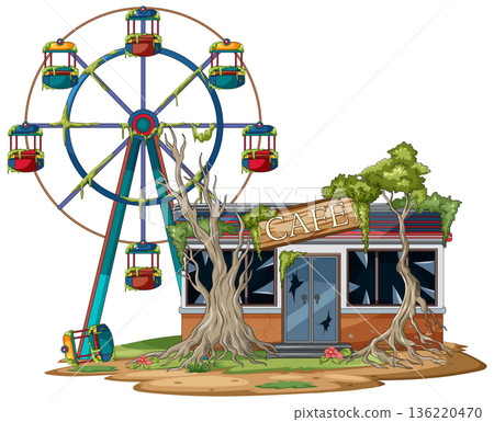 Abandoned Ferris Wheel and Overgrown Cafe Illustration Abandoned Ferris Wheel and Overgrown Cafe Illustration 136220470