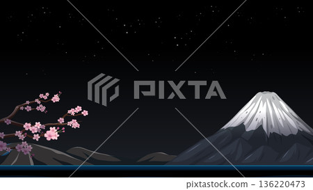 Night Landscape with Snow Capped Mountain and Cherry Blossom Branch Night Landscape with Snow Capped Mountain and Cherry Blossom Branch 136220473