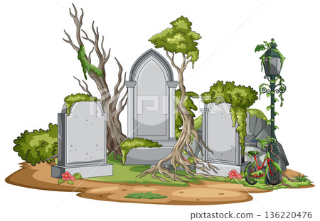 Overgrown Cemetery Tombstones with Vines and Old Lamp Post Overgrown Cemetery Tombstones with Vines and Old Lamp Post 136220476