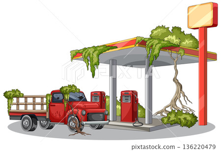 Abandoned Gas Station Overgrown With Trees and Vines 136220479