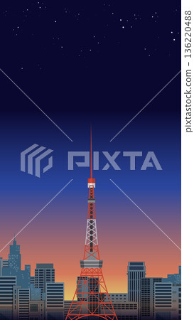 Red and White Communications Tower Over City Skyline at Night Red and White Communications Tower Over City Skyline at Night 136220488