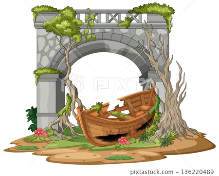 Old Wooden Shipwreck Under Stone Bridge with Trees 136220489