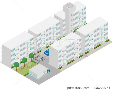 包含水塔和公園的住宅綜合建築群的等距城市景觀素材 136220761
