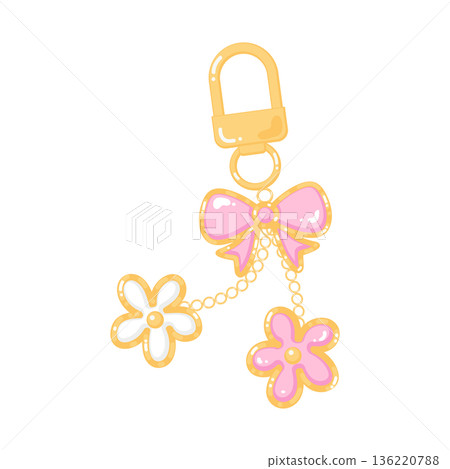 Cute gold metal keychain with ribbon and floral pendant Cute gold metal keychain with ribbon and floral pendant 136220788