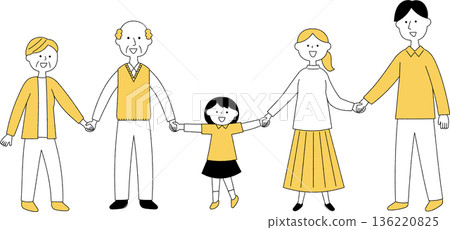 Three-generation family holding hands with smiles 136220825