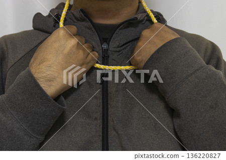 A man with a rope loop around his neck (faceless, Japanese, 30s) 136220827