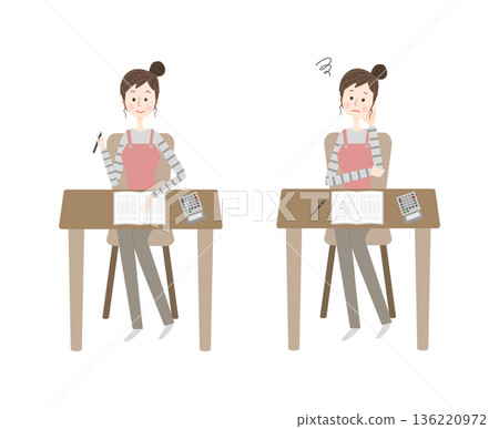 一組插圖,描繪了一位女性正在書寫家庭帳簿時的面部表情。 一組插圖,描繪了一位女性正在書寫家庭帳簿時的面部表情。 136220972