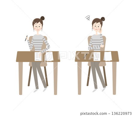 Illustration set of a woman's facial expression writing documents Illustration set of a woman's facial expression writing documents 136220973