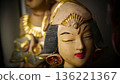 serene Bali dancer ceramic bust featuring closed eyes, bright lips, and gold embellishments. Ideal decorative sculpture for home, temple, or gallery displays, emphasizing art, culture, and craft 136221367