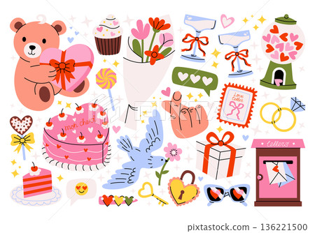 Set of romantic stickers for Valentine's Day in cartoon style. Love, infatuation, passion, heart, cake, cupcake, key, lock, dove with flower, flower bouquet, mailbox, love letter, teddy bear, etc. 136221500