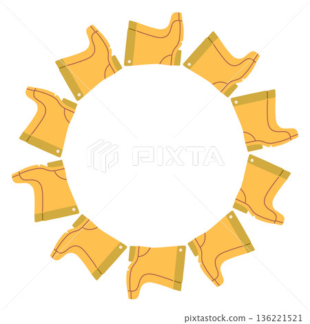 Cute spring vector frame made of yellow rubber boots arranged in a circular wreath. Flat illustration perfect for gardening themes, seasonal designs, kids projects, cards, posters, and backgrounds 136221521