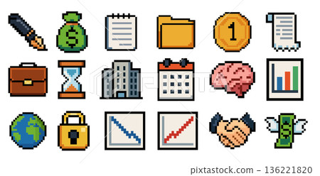 Bright pixel art business and finance icons collection. Perfect for mobile apps, games, websites, and presentations. Includes money, graphs, office building, contract, time management. 136221820