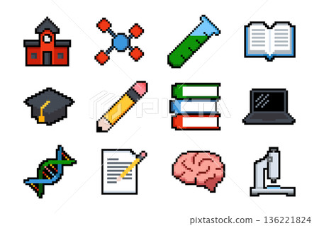 Pixel style education icon set for apps, websites, dashboards and games. Ideal for elearning platforms, STEM projects, school interfaces, educational software and modern digital products. 136221824