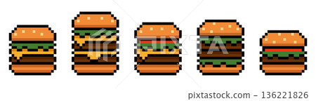 Pixel burger food set with different cheeseburgers. Perfect for game design, food apps, menus, restaurant branding, delivery services, retro interfaces and playful digital projects. 136221826