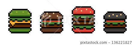 Pixel burger food set with colorful hamburger variations. Ideal for game assets, fast food branding, menus, delivery apps, retro interfaces and playful digital design projects.. 136221827