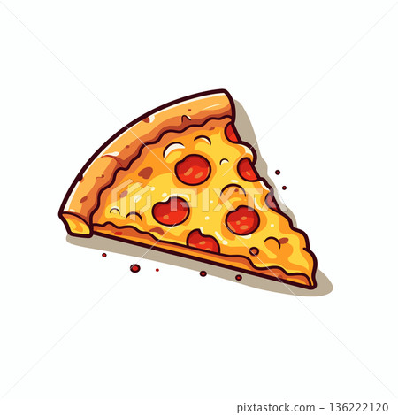 A single slice of pepperoni pizza sits on a plain white background. The cheese is melted and bubbly, while slices of pepperoni are evenly placed, inviting a tasty bite. 136222120