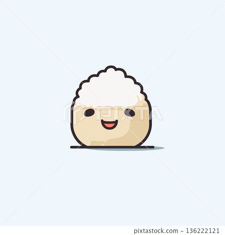 A cheerful cartoon rice ball character displays a friendly expression. It features a round shape with a fluffy white top, set against a light background, evoking a playful vibe. 136222121