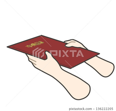 Illustration of two hands receiving a red diploma Illustration of two hands receiving a red diploma 136222205