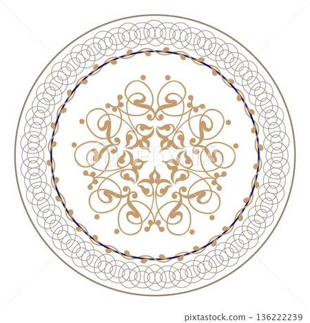 Round floral european pattern frame arabesque. Vintage ethnic frame. Oriental pattern with arabesque, floral element. Round plate. Pattern frame for round surface, embroidery, ceramic, porcelain, plat 136222239