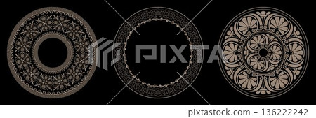 Set of decorative luxury gold round frames on a black background. Greek Circle frame. Template for round surfaces, invitation, textile, engraving, embroidery, plate, ceramic, sandblasting, porcelain Set of decorative luxury gold round frames on a black background. Greek Circle frame. Template for round surfaces, invitation, textile, engraving, embroidery, plate, ceramic, sandblasting, porcelain 136222242