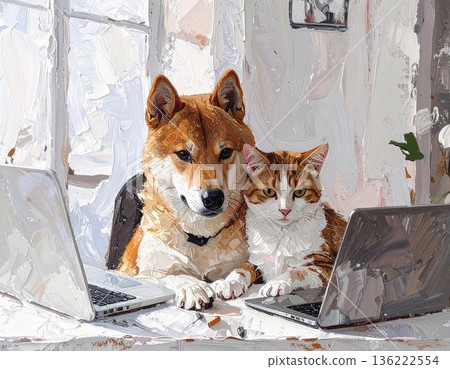 柴犬和貓正在看電腦 136222554
