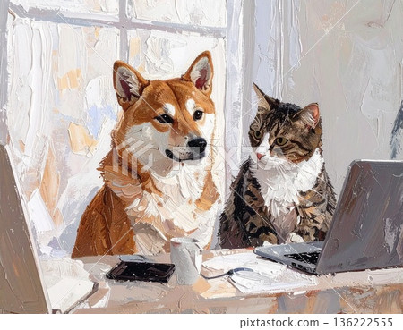 柴犬和貓正在看電腦 136222555