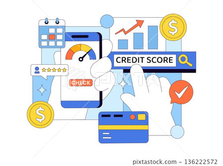 Credit Score Vector Illustration Featuring a Loan Arrow Gauge Speedometer Showing Ratings From Poor to Good on a Flat Style Background 136222572