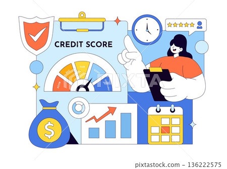 Credit Score Vector Illustration Featuring a Loan Arrow Gauge Speedometer Showing Ratings From Poor to Good on a Flat Style Background 136222575