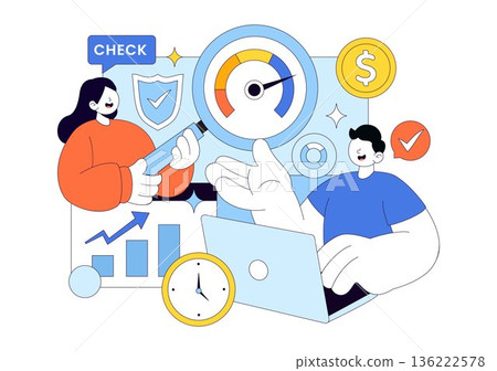 Credit Score Vector Illustration Featuring a Loan Arrow Gauge Speedometer Showing Ratings From Poor to Good on a Flat Style Background 136222578