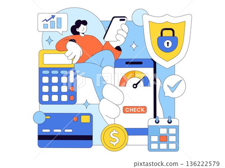 Credit Score Vector Illustration Featuring a Loan Arrow Gauge Speedometer Showing Ratings From Poor to Good on a Flat Style Background 136222579