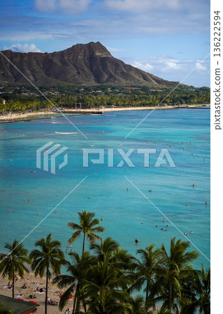 Hawaii Waikiki Beach and Diamond Head, a spectacular resort landscape with blue ocean and sky 136222594