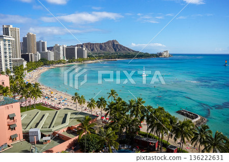 Hawaii Waikiki Beach and Diamond Head, a spectacular resort landscape with blue ocean and sky Hawaii Waikiki Beach and Diamond Head, a spectacular resort landscape with blue ocean and sky 136222631