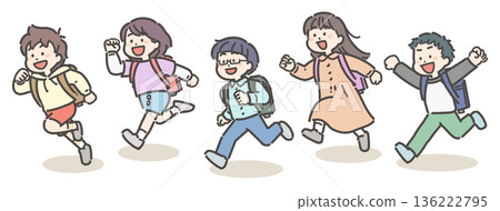 一群背著書包的小學生正在奔跑。 136222795
